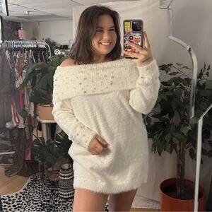 Soft Surroundings Beaded Off The Shoulder Sweater Dress White Large